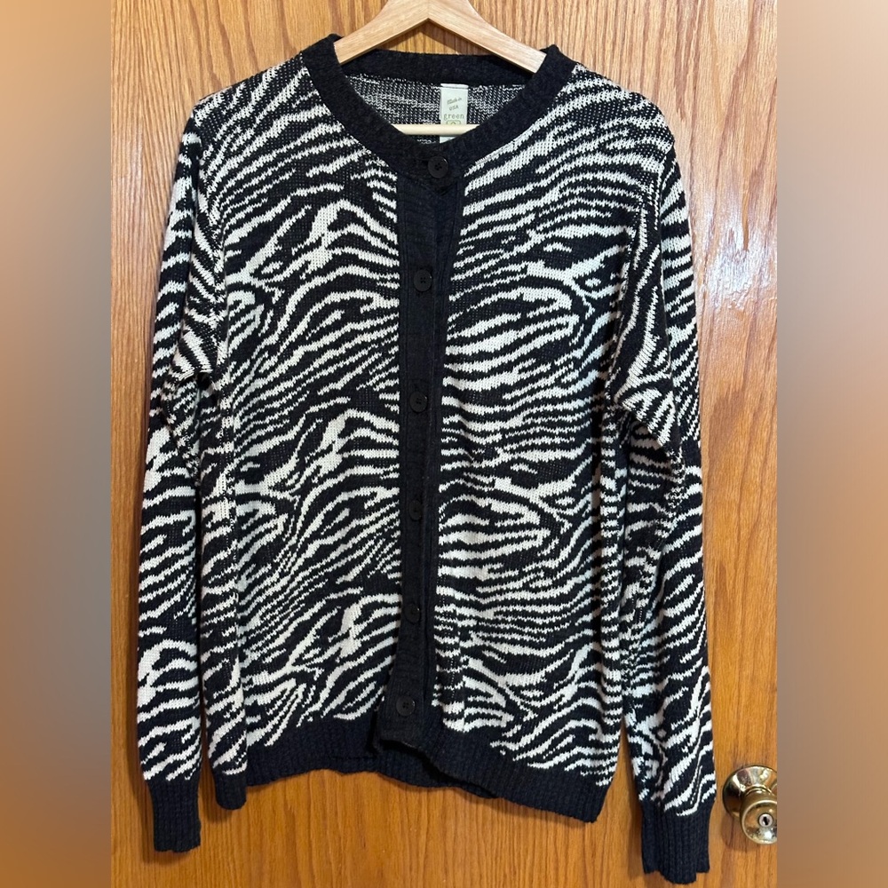 Green 3 zebra print‎ button up sweater womens sz large made in USA